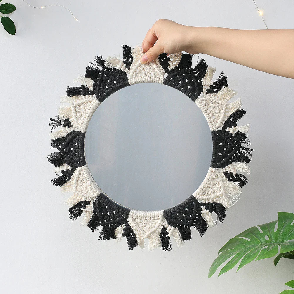 Macrame Decorative Wall Mirror Boho Home Decor Makeup Aesthetic Mirrors Living Room Bedroom Christmas Wedding Decoration Gift
