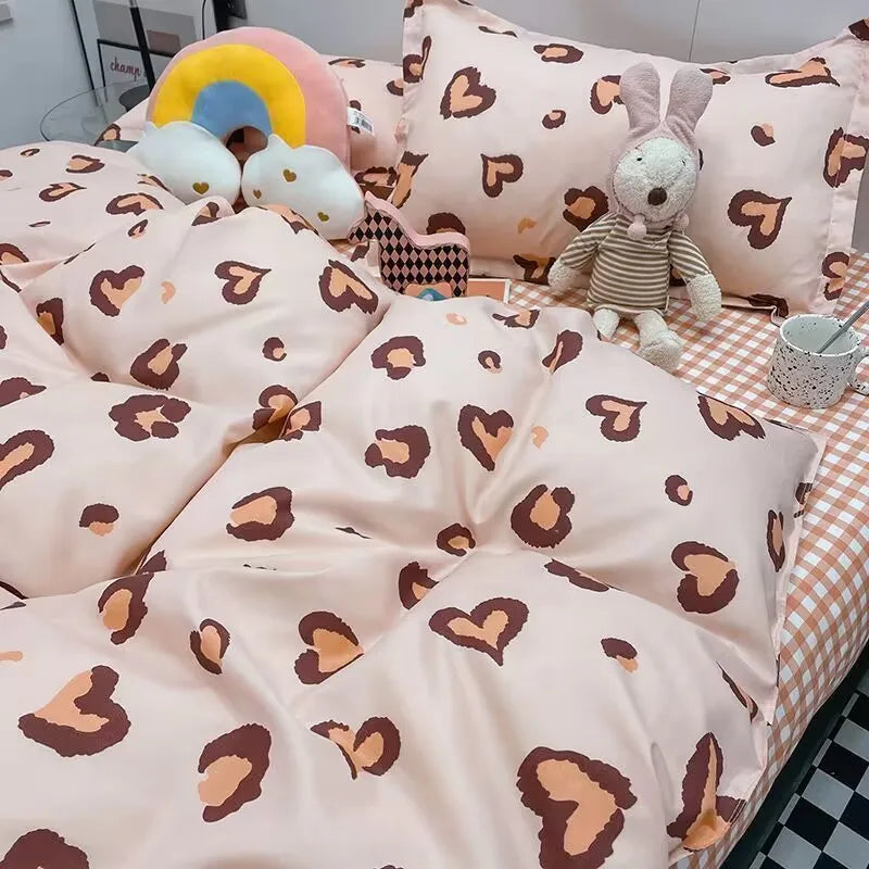Korean Style Fashion Bedding Set Kids Adults Twin Full Queen Size Blue Bed Flat Sheet Duvet Cover Pillowcases Floral Bed Linen