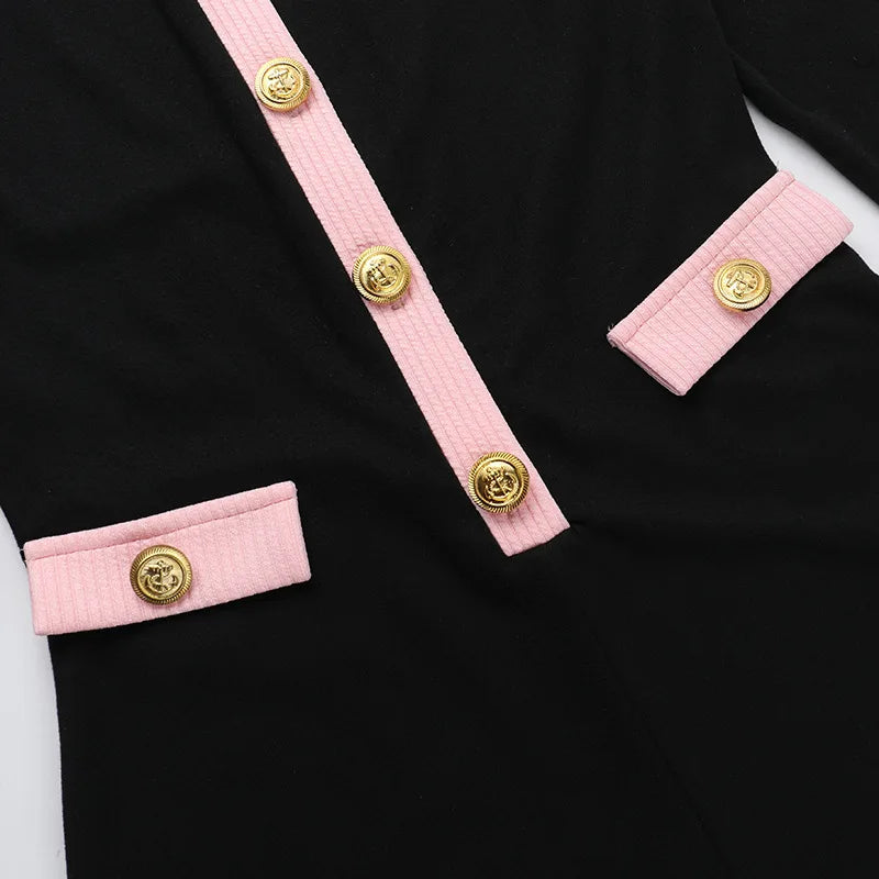 Color Block Ribbed Long Sleeve Playsuit - Gold Button Front Romper