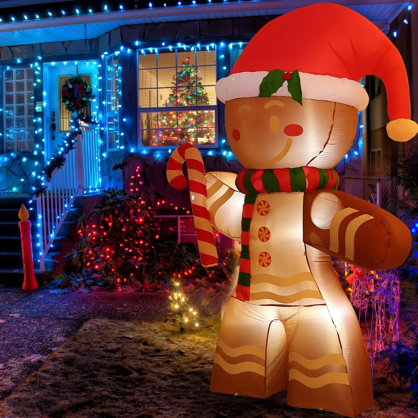 Christmas Inflatables 2.2m Gingerbread Man with Built-in LED Decoration for Xmas Party Indoor Outdoor Yard LED Lights Illuminate