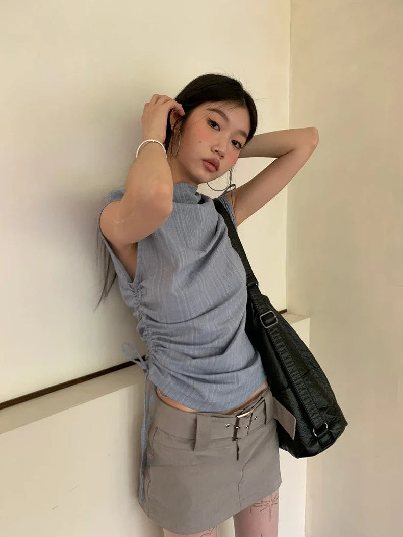 Striped Irregular Drawstring Lace Up High Neck Tees