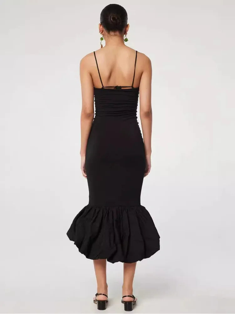 Black Spaghetti Strap Balloon Fishtail Midi Dress
