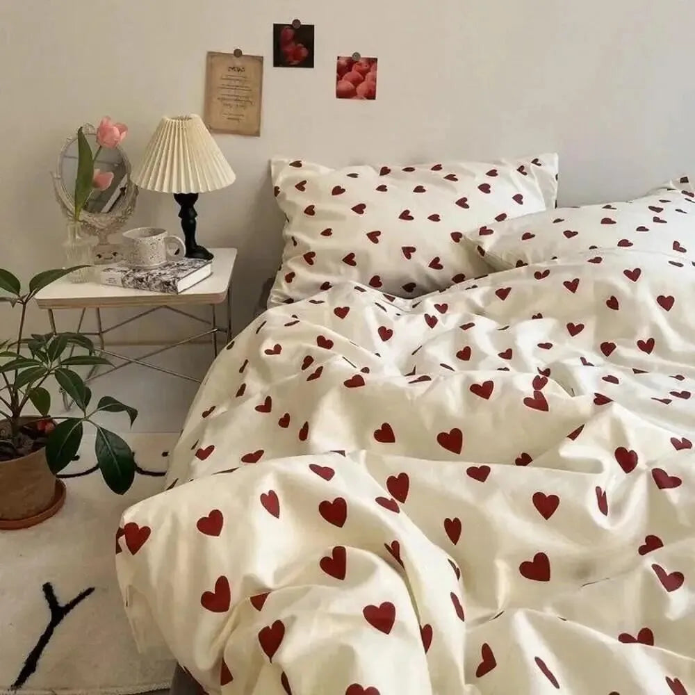Girls Duvet Cover Pink Bow Kawaii Bedding Set Polyester Bedclothes Sheet Pillowcase Twin Full Queen Size Ins Floral Bedspread