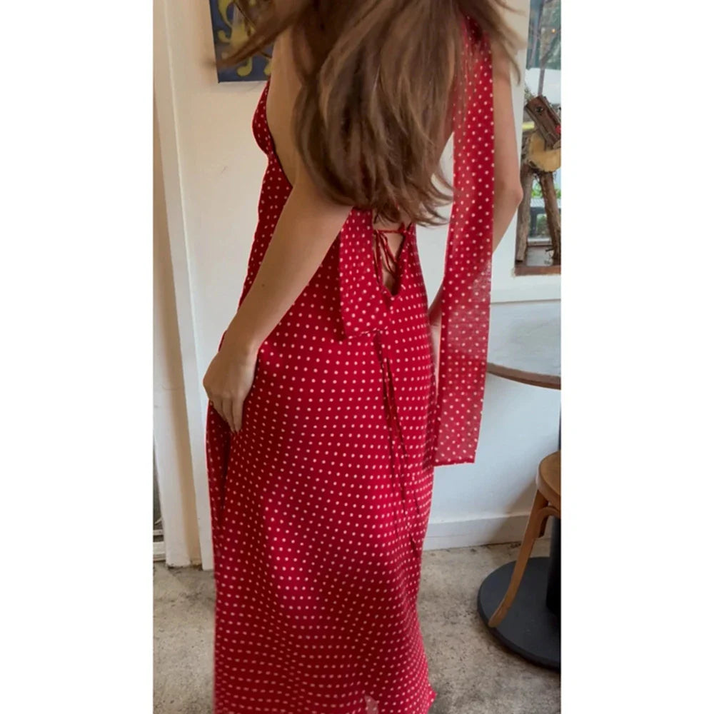 Polka Dot V-Neck Slip Dress with Scarf - Effortless Glam