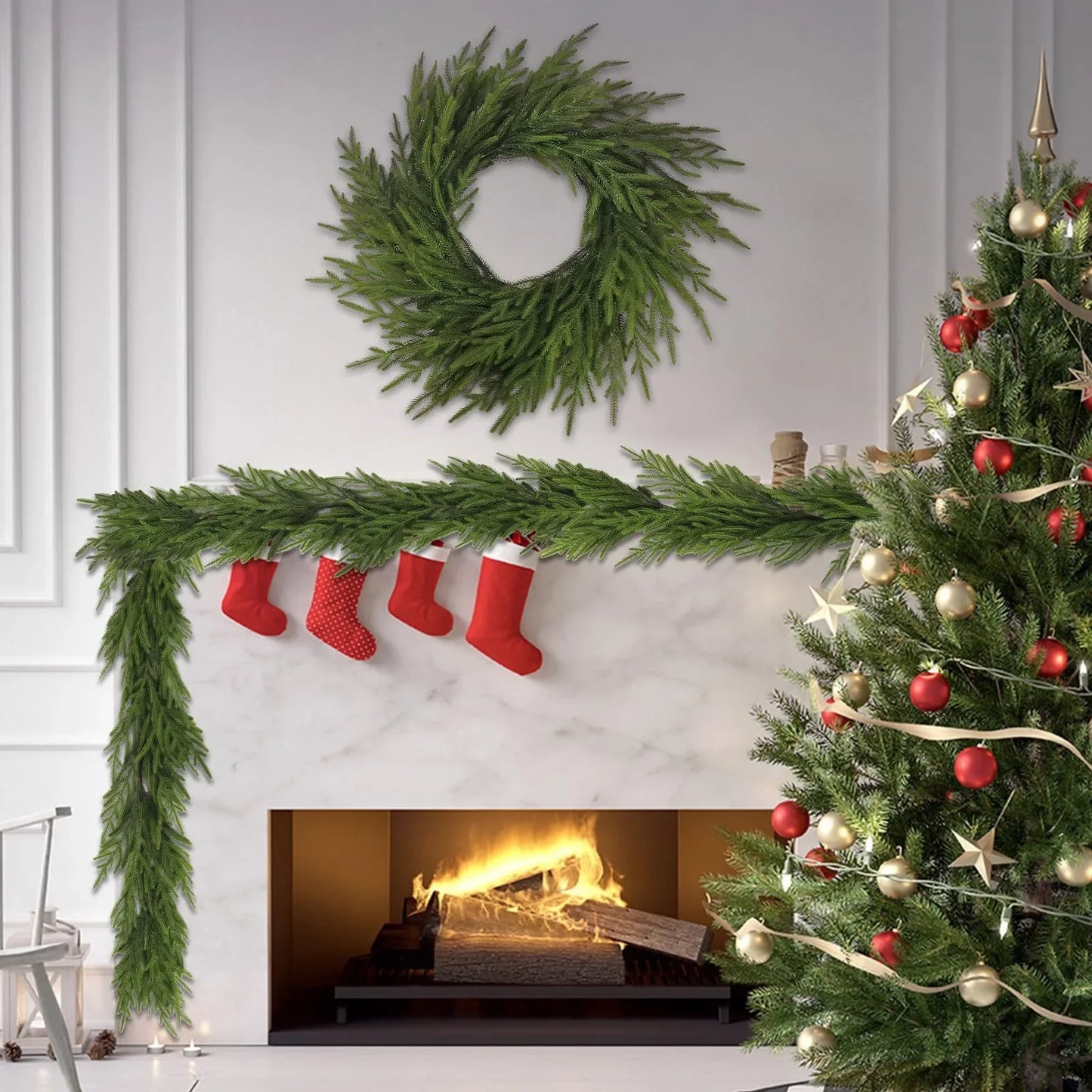 24" Real Touch Norfolk Pine Wreath for Front Door Artificial Christmas Wreath Green Faux Pine Wreath for Wall Windows Decor