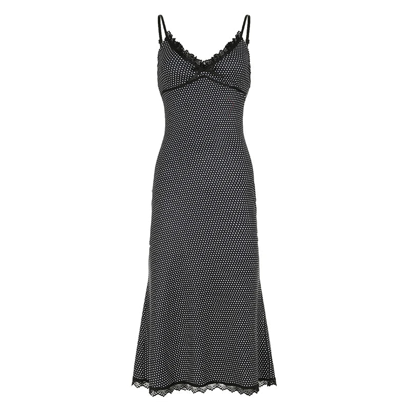Black Polka Dot Spaghetti Strap V-neck Long Dress