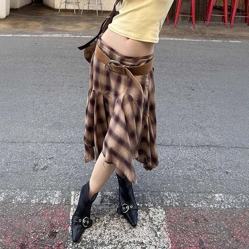 Irregular Hem Plaid Printed Midi Skirt