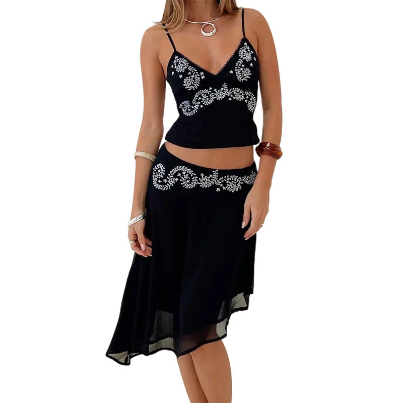 Printed V-Neck Cami & Skirt Set �Ruffle Midi Look