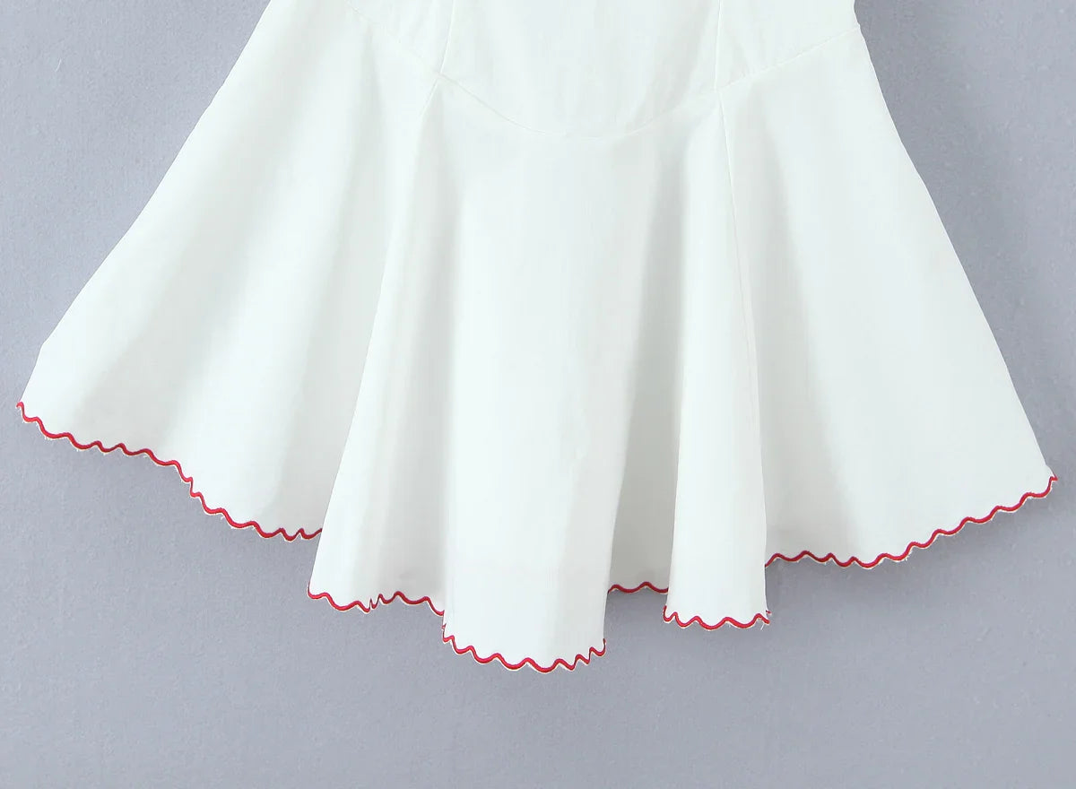 White Embroidery Red Flower Lapel V neck Mini Dress