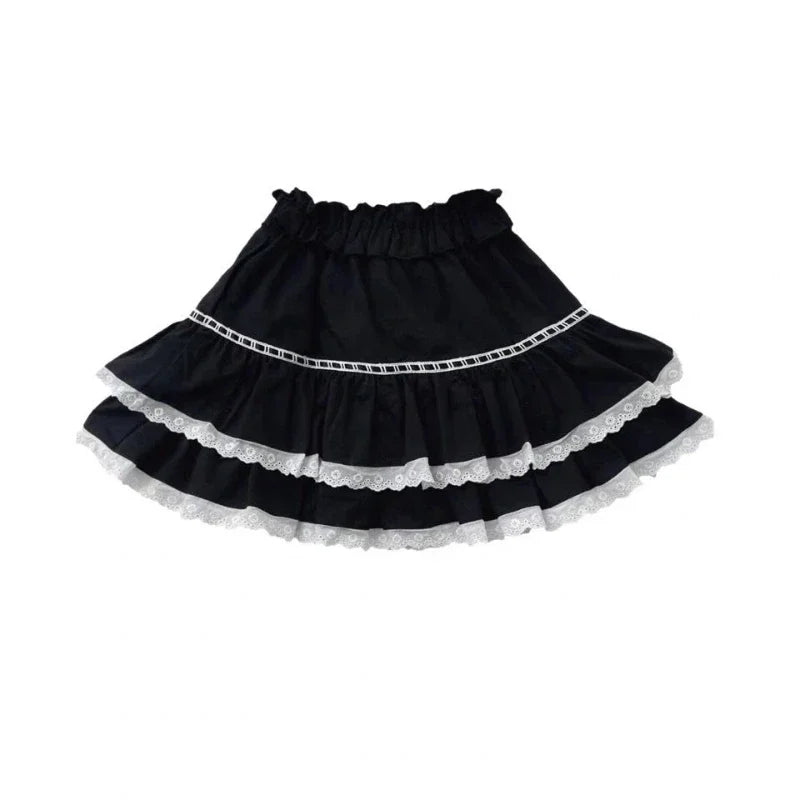 Black Lace Trim Ruffles Mini Skirt