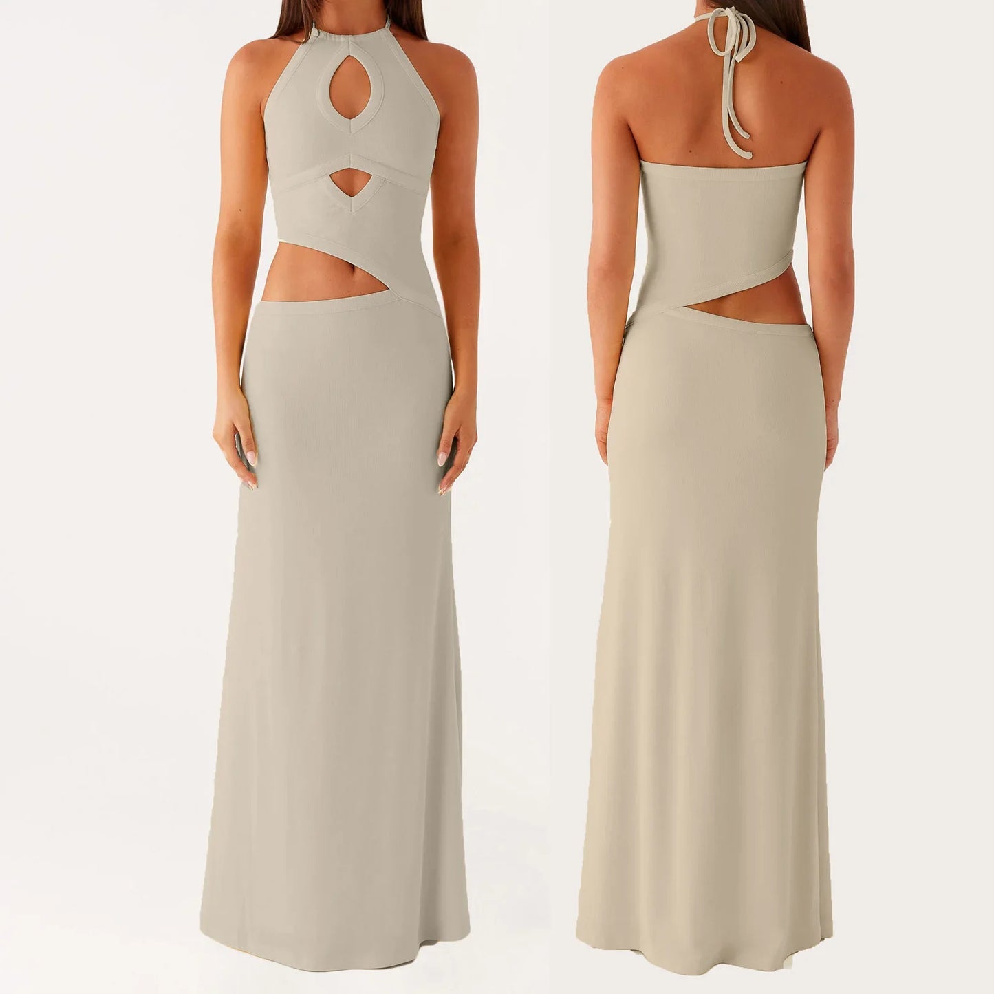 Cutout Solid Long Dress - Halter Neck A-Line