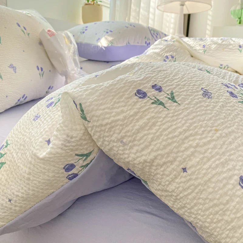 Korean Style Seersucker Washed cotton Bedding Set Girls Twin Queen Size Duvet Cover Bed Linens Kids Fashion