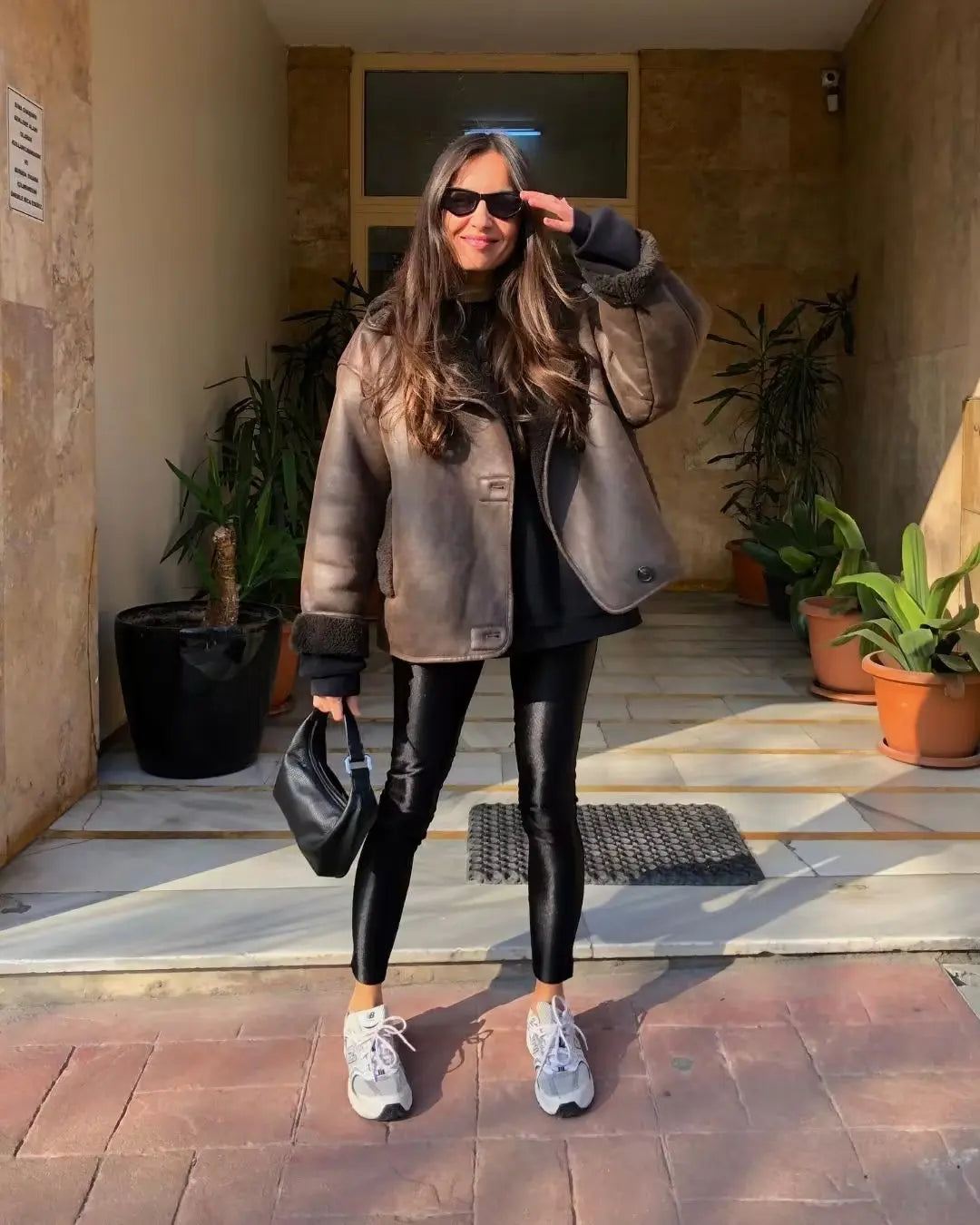 Brown Faux Leather Black Lining Fur Jacket