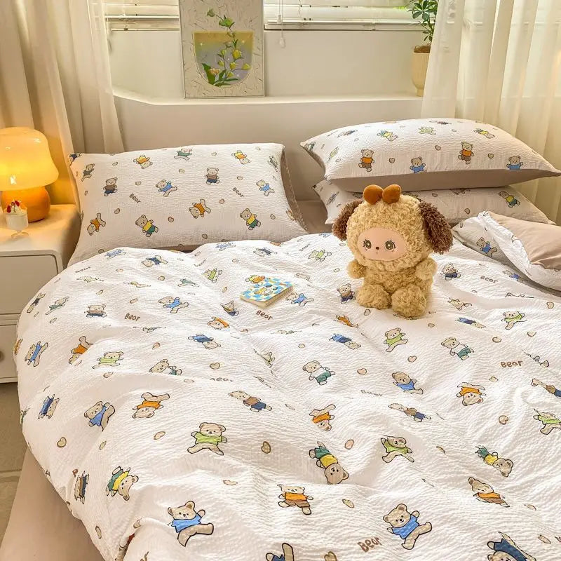 Romantic Floral Duvet Cover Set No Filler Soft Seersucker King Single Szie Pillowcases Flat Sheet Home Decoration Bed Linens
