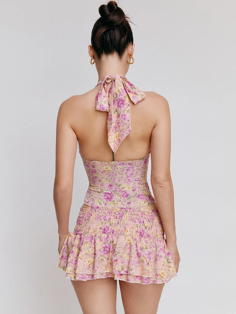 Floral Print Halter Buttoned Top And Mini Skirt Set