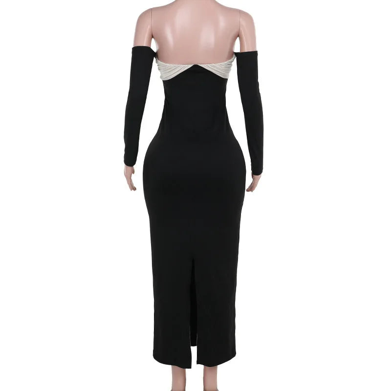 Black Patchwork Tie Up Off-shoulder Maxi Dress