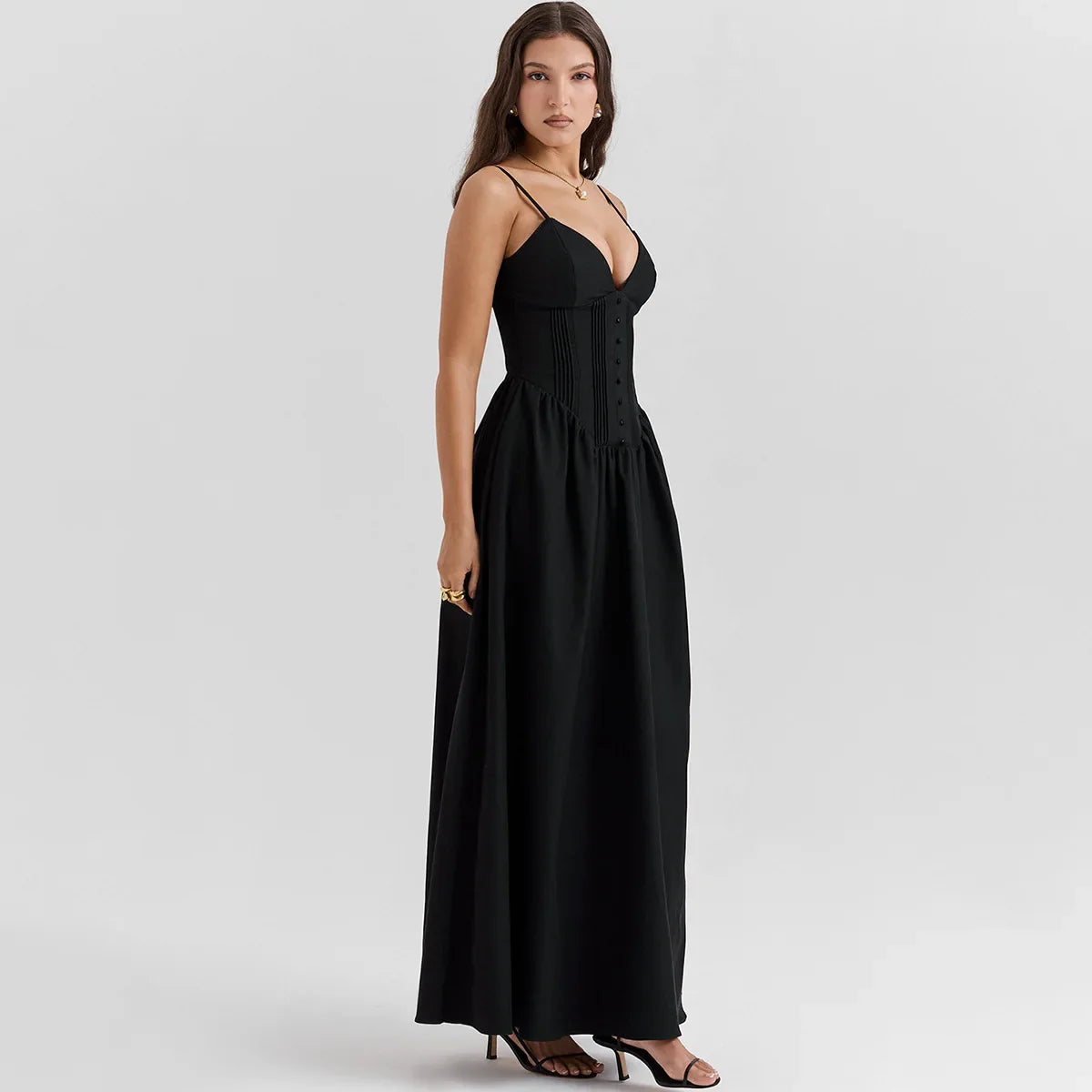 Black Buttoned V-Neck Spaghetti Strap Maxi Dress