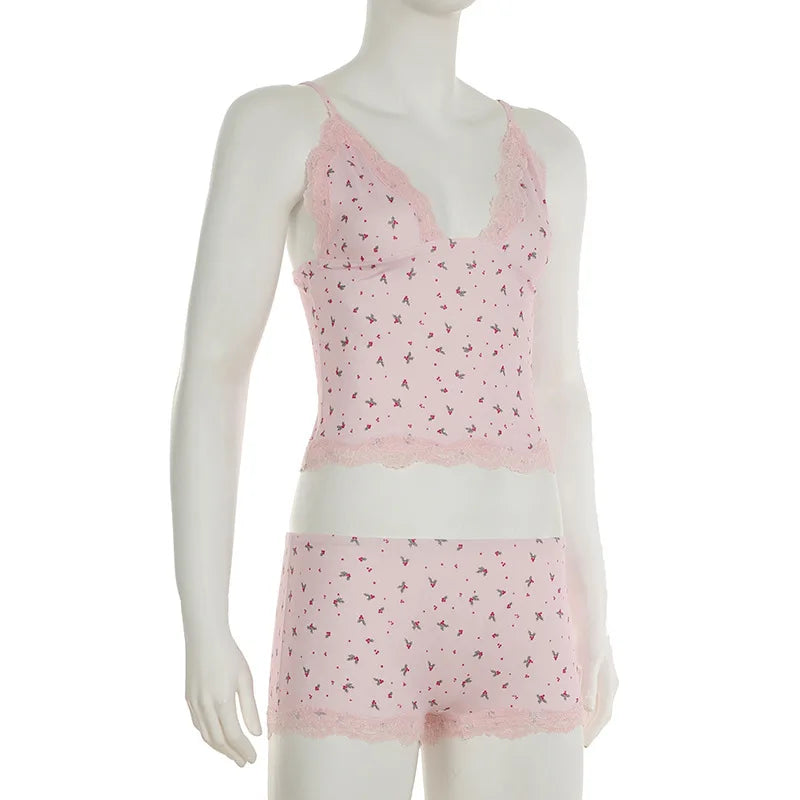 Pink Cami Printed Top And Shorts Pj Sets