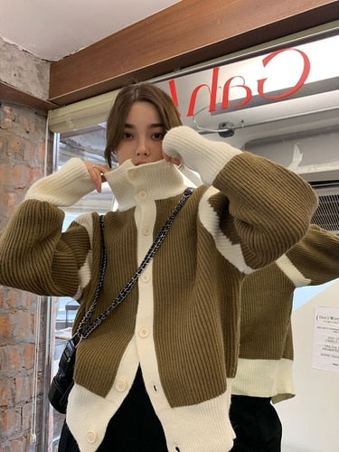 Contrast Turtleneck Buttoned Cardigan