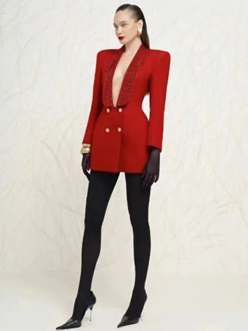 Red Sequin Collar Open Back Blazer Dress