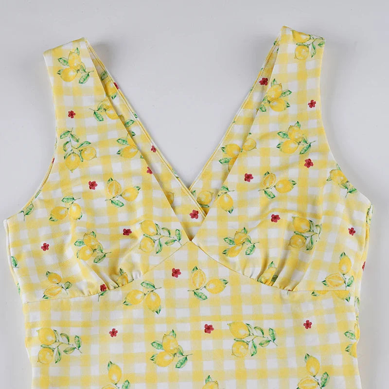 Yellow Fruit Print V-Neck Mini Dress