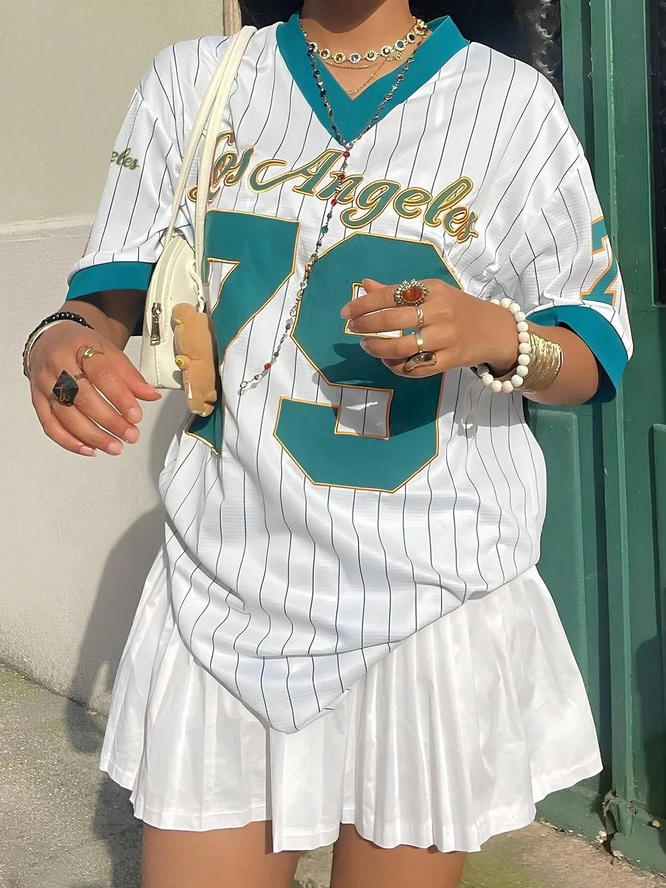 Los Angeles Letter Print V-Neck Jerseys Sport T-Shirt