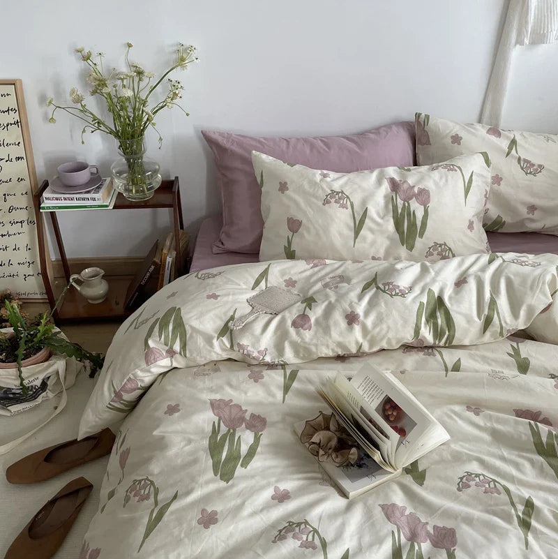 Floral Style Duvet Cover Pure Cotton Bed Cover Girls Soft Comforter Covers Set with Pillowcase King Size Quilt Cover Set