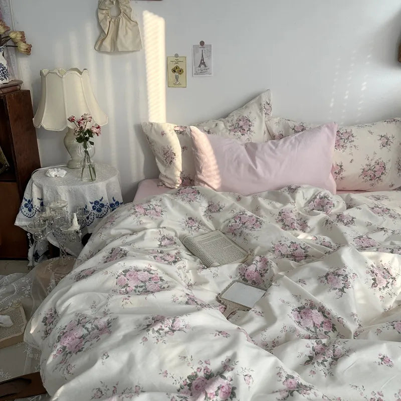 Floral Style Duvet Cover Pure Cotton Bed Cover Girls Soft Comforter Covers Set with Pillowcase King Size Quilt Cover Set