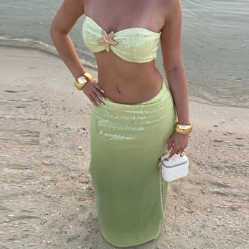 Green Ombré Starfish Sequin Bralette And Maxi Skirt Set