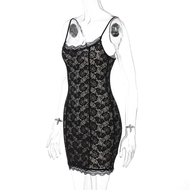 Black Lace Spaghetti Strap Mini Dress