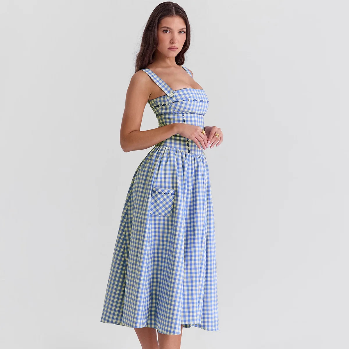 Blue Gingham Strap Midi Dress