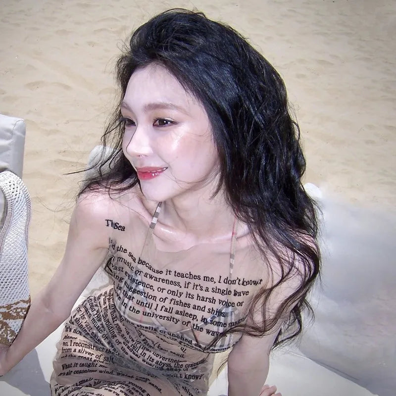 Letter Print Transparent Mesh Tank Mini Dress - Beach Style A-Line