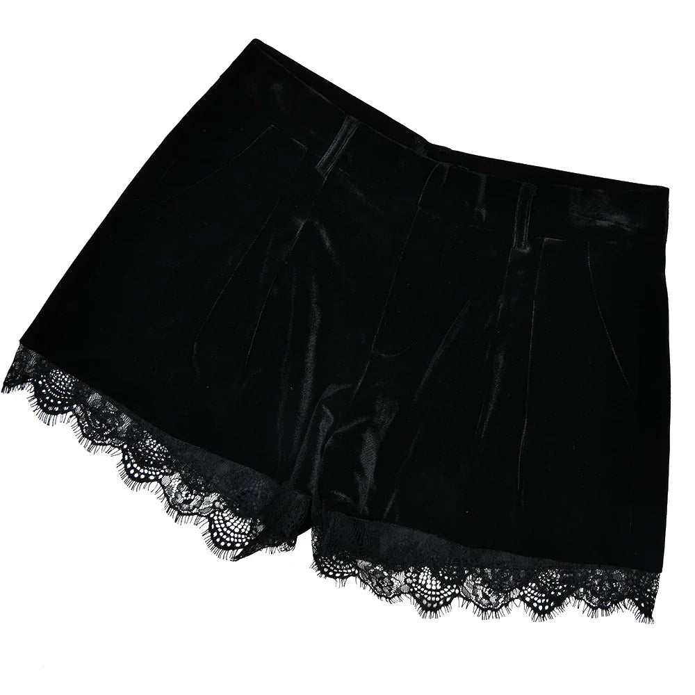 Black Velvet Lace Trim Crop Blazer And Shorts Set