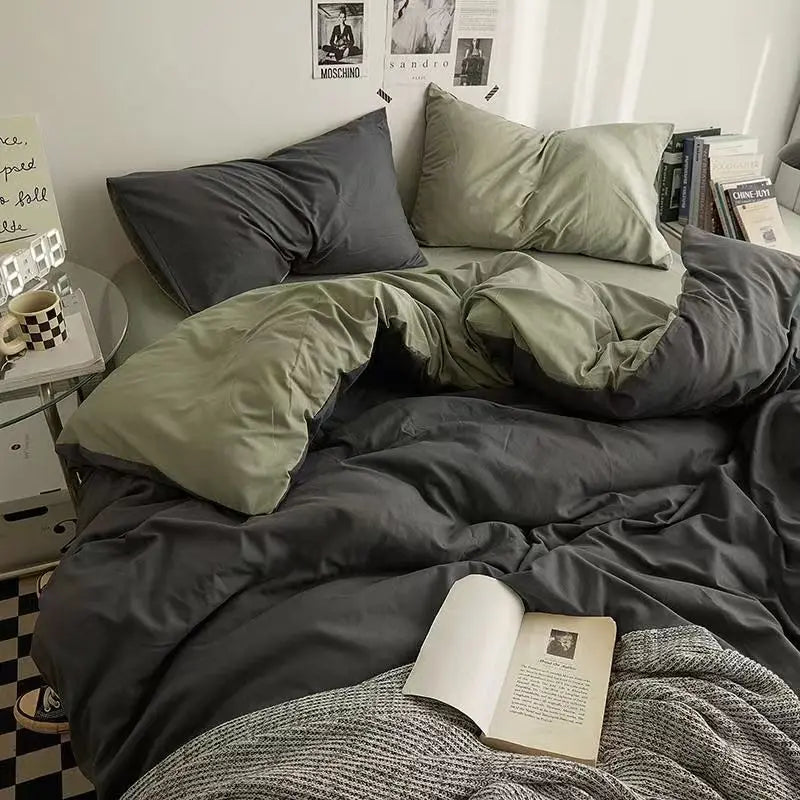Solid Grey Matcha Color Bedding Set Adults Kids Twin Full Queen Size Bed Flat Sheet Duvet Cover Set Pillowcases Simple Bed Linen
