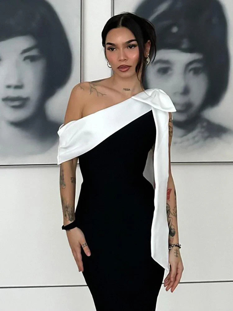 Black One Shoulder Contrast Tie Up Midi Dress