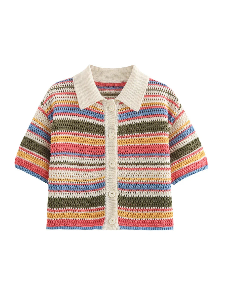 Stripe Colourful Collar Buttoned Shirt And Shorts Set