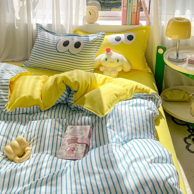 Cute Eyes Duvet Cover Set No Filler Queen Single Szie Soft Pillowcases Flat Sheet Boys Girls Gift Home Decoration Bed Linens