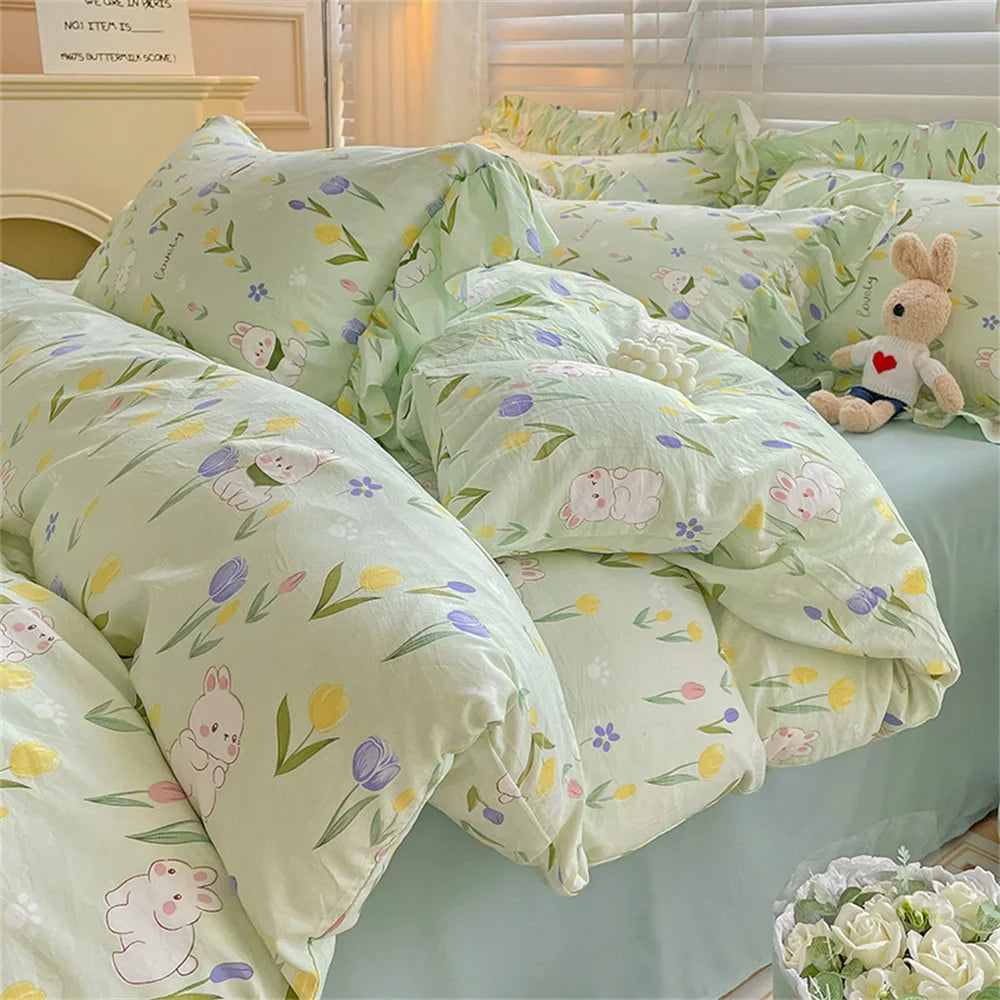 Fresh Plant Flower Bed Sheet for Children and Adults Four-Piece Bed Set Pillowcases Soft Washed Cotton Home Textiles