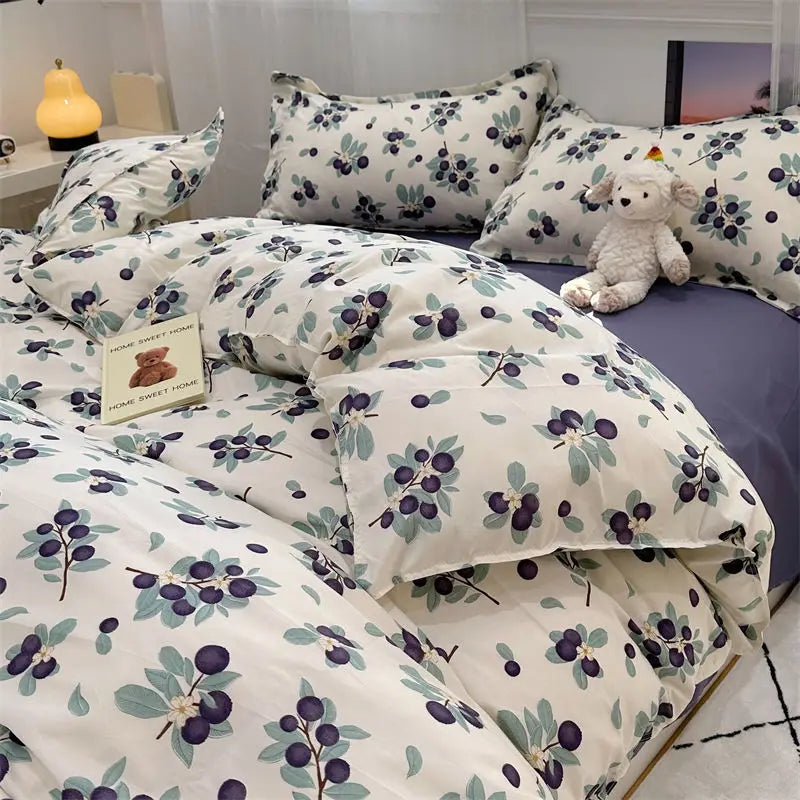 Romantic Cherry Heart Duvet Cover Set Flat Sheet Pillowcases Fashion New Twin Full Floral Summer Spring Bedding Set