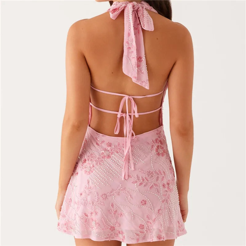 Pink Sequin Halter Embroidered Mini Dress