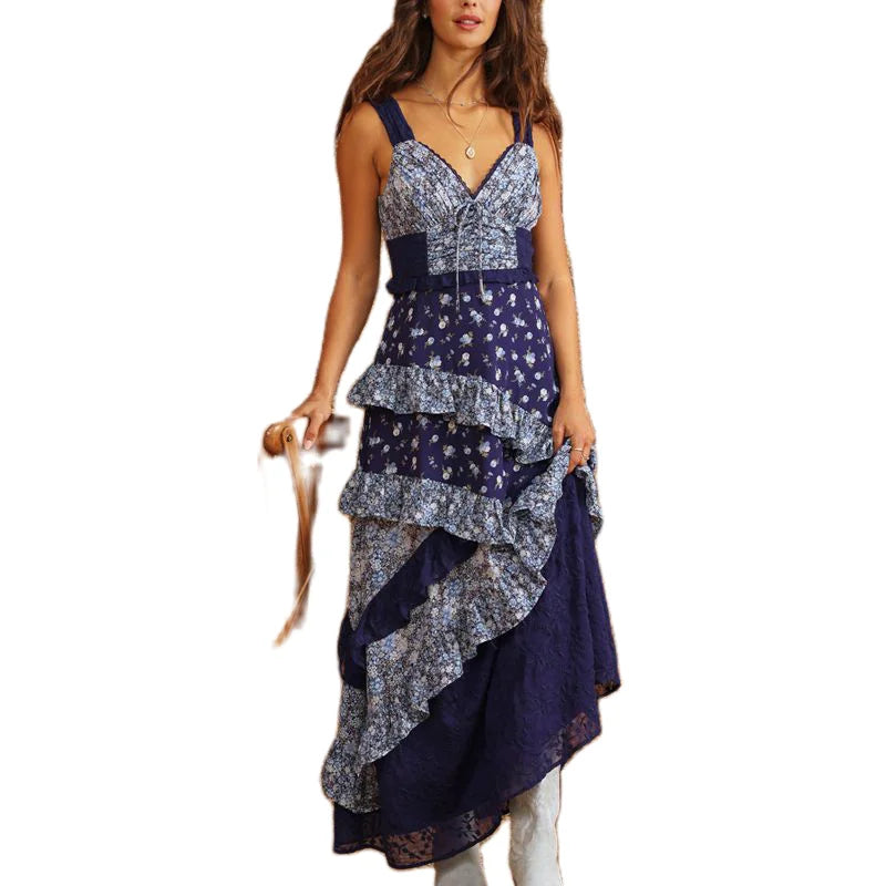 Blue Floral Print Ruffled Maxi Dress