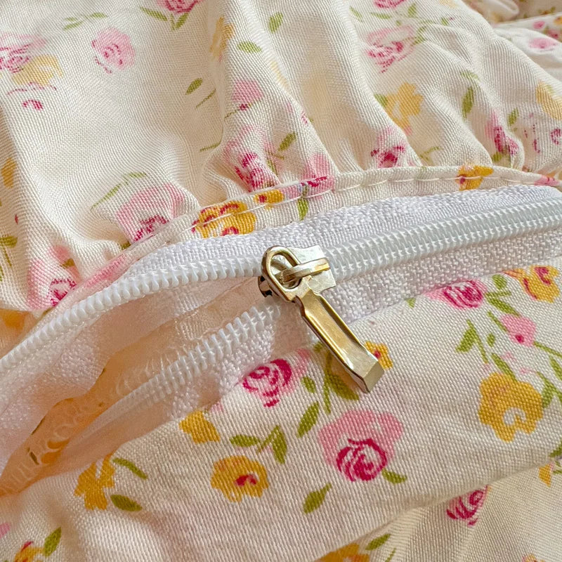 Korean Princess Style Floral Ruffles Bedding Set Washed Cotton Skin-friendly Soft Duvet Covers Set Bed Sheet Pillowcases 3/4Pcs
