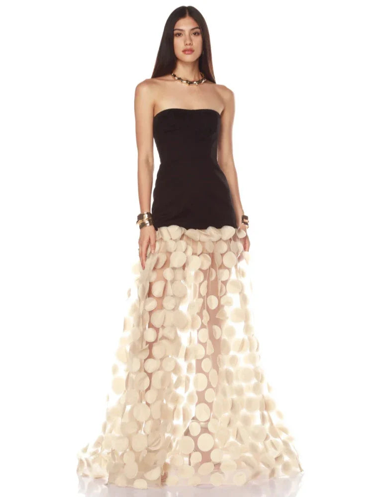 Black Strapless Dot Mesh Long Dress �A-Line Empire Waist