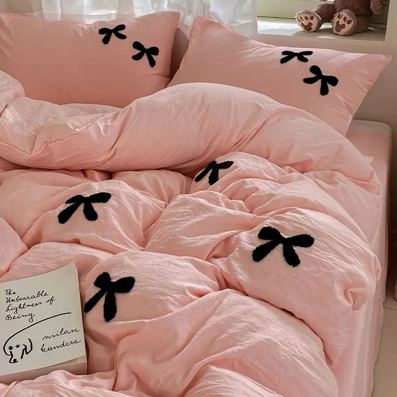 Skin Friendly Washed Cotton Bow Towel Embroidered Duvet Cover Set NO Filler Girls Princess Home Bedding Flat Sheet Pillowcase