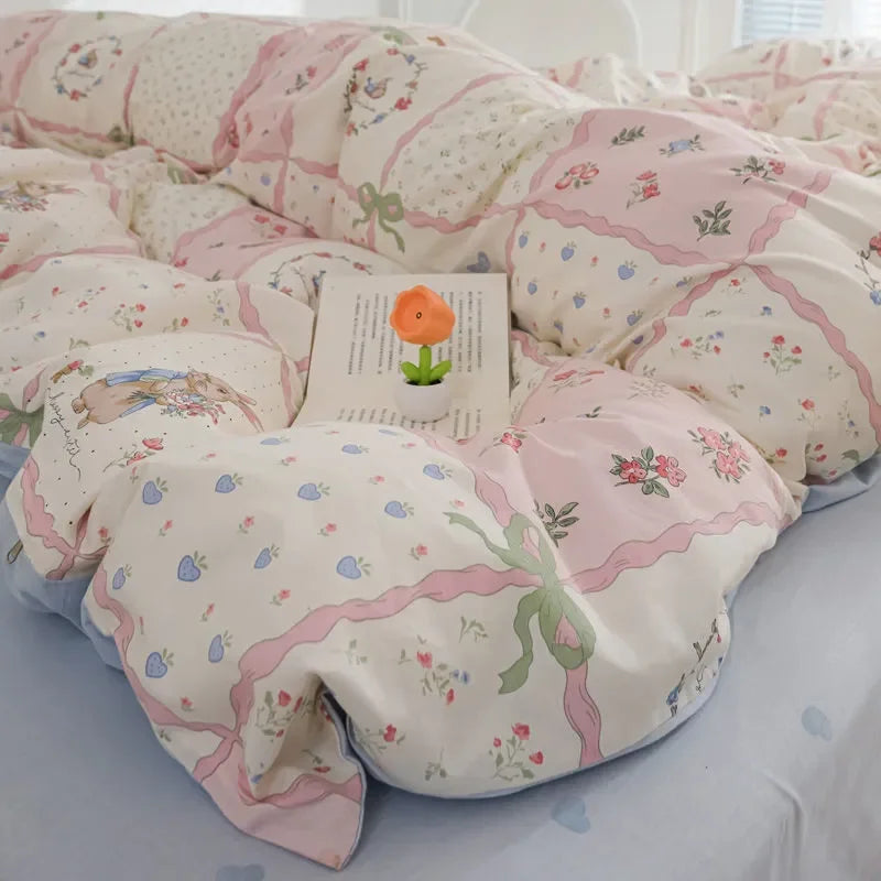 Romantic Cherry Heart Duvet Cover Set Flat Sheet Pillowcases Fashion New Twin Full Floral Summer Spring Bedding Set
