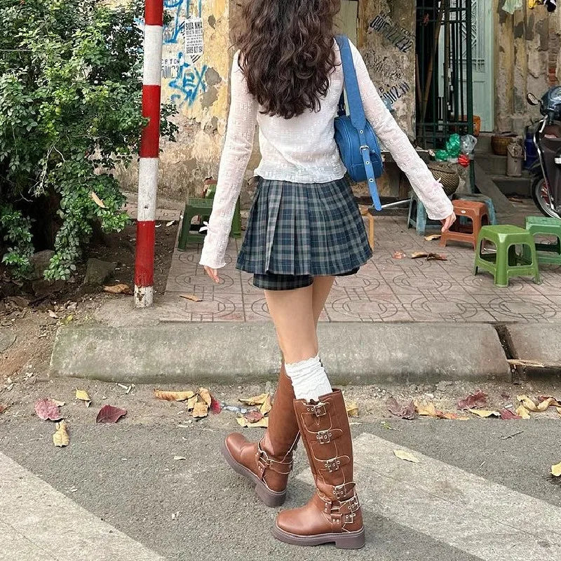 Dark Green Plaid Pleated Skirt