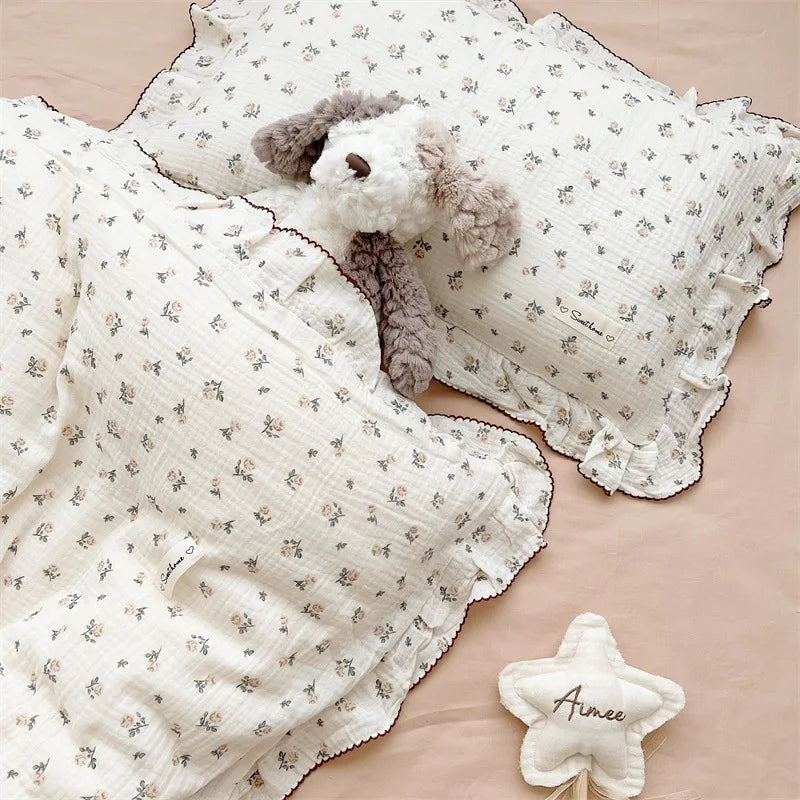 Korean Baby Girl Crib Bedding Set Bunny Rose Cherry Floral Cotton Muslin Cot Bedding Kit Duvet Cover Pillowcase No Filler