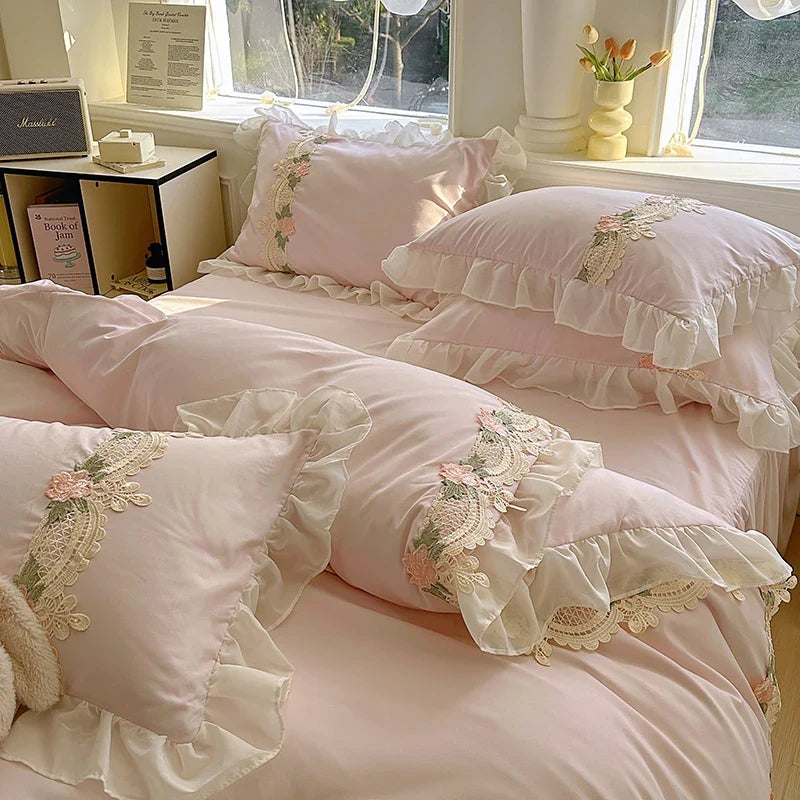 Korean Princess Style Flowers Lace Ruffles Duvet Covers Bed Skirt/Fitted Sheet Pillowcase Bedding For Girls Luxury Home Textiles