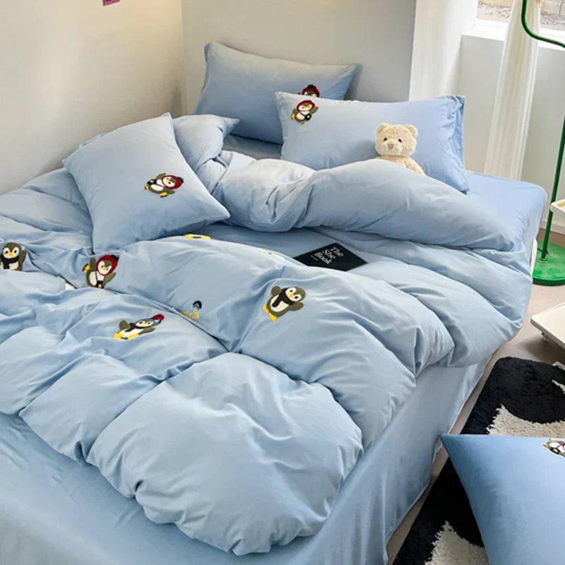 Ins Cartoon Panda Bedding Set Towel Embroidery Duvet Cover Queen Twin Full Size Grey Bed Flat Sheet Quilt Cover Pillowcases