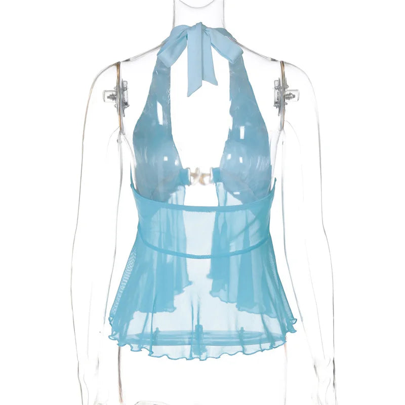 Deep Neck Mesh Metal Buckle Halter Vest Top